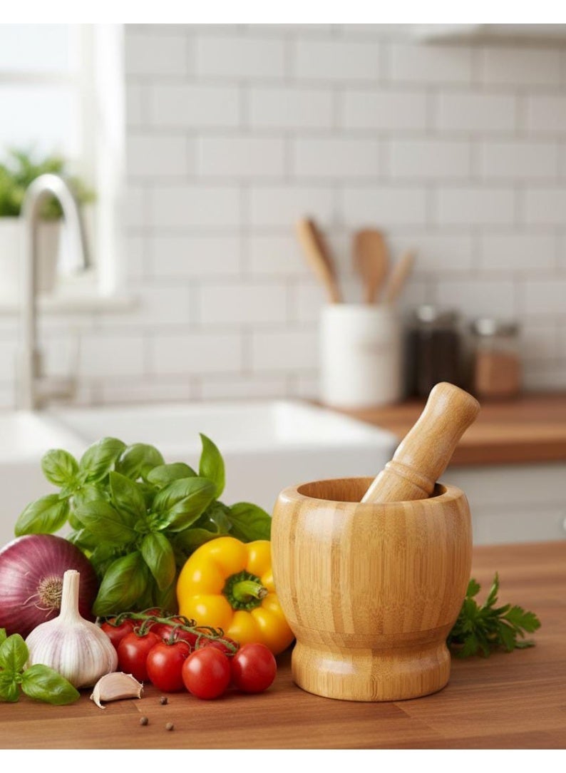 سبيس شوب طقم هاون ومدقة من البامبو الفاخر مطحنة طبيعية للأعشاب والتوابل والثوم - Image 3